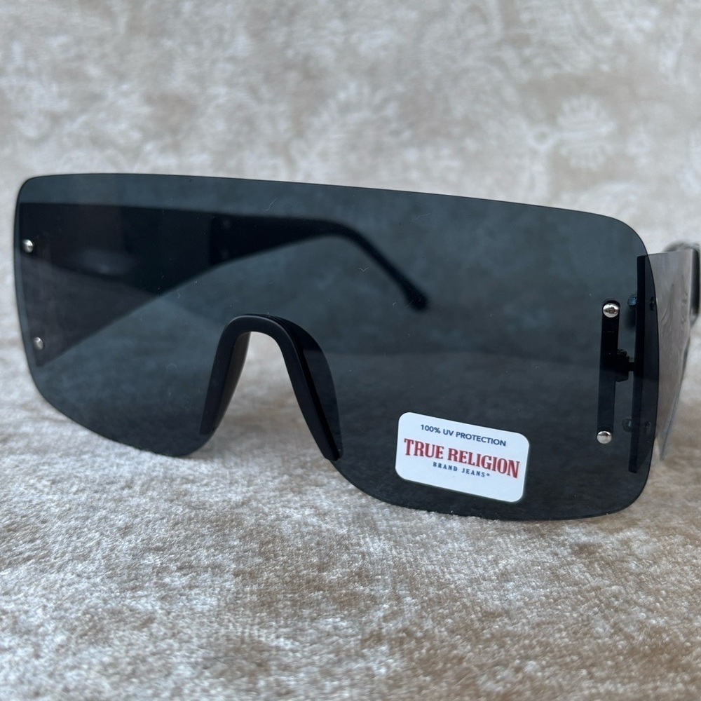 Brand New True Religion Black Rimless Shield Sunglasses Retro Wide Arm Horseshoe
